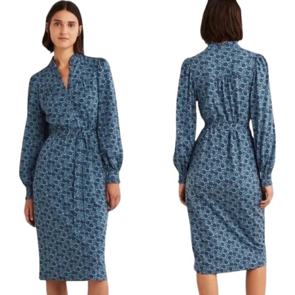 Boden Column Jersey Floral Midi Shirt Dress Womens 6P Blue Tie Waist Boho Career - Picture 1 of 16